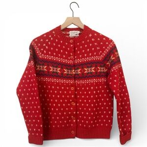 Vintage Rosanna Women's Red Fair Isle Wool Cardigan Sweater- M- Cabin Cozy Ski